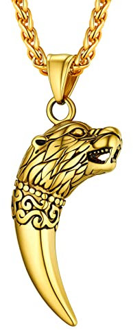 PROSTEEL Wolfszahn Kette 18k vergoldet Wolfskopf mit Gebiss Anhänger Halskette 60cm verstellbare Weizenkette Amulett Modeschmuck Accessoire für Männer