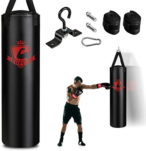 COSTWAY Sac de Frappe Lourd, Ensemble de Sac de Boxe Suspendus pour Adulte, avec Gants de Boxes, Suspension Support (30x100cm)