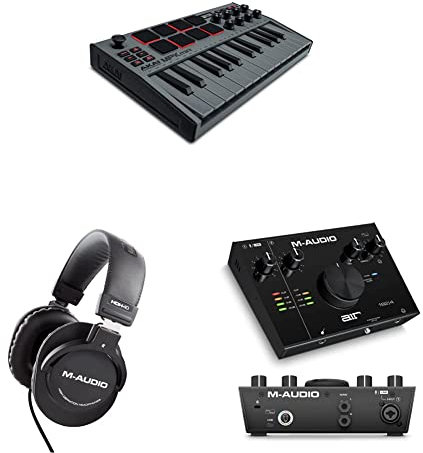 AKAI Professional MPK Mini MK3 Gris, interfaz audio AIR 192|4 y auriculares HDH40 de M-Audio - Teclado Controlador MIDI USB de 25 Teclas, 8 Drum Pads, Tarjeta de sonido USB y Auriculares de estudio