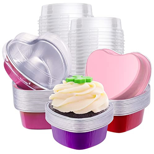 60 Stück herzförmige Kuchenformen mit Deckel, Aluminium-Mini-Kuchenformen, 100 ml Folie, Einweg-Flan-Pfanne, Cupcake-Dosen, Backform für Valentinstag, Muttertag, Party (rot, rosa, lila, rosarot, 60)
