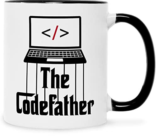 Bedruckte Tasse mit Spruch - The Codefather - Geschenk für IT Techniker - Kaffeebecher für Programmierer & Informatiker - Geschenke für Itler Nerds Geeks - Farbe: Schwarz & Weiß