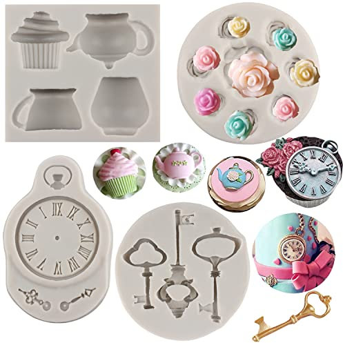 Sijiangmold Tee-Party-Kuchenform Teekanne Fondant Form Teetasse Silikonform Vintage Schlüssel Uhr Form Rose Blume Form für Cupcake Dekoration Süßigkeiten Polymer Clay Set von 4