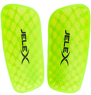 JELEX Protector ergonomische Fußball Schienbeinschoner in blau, gelb oder grün. Für Kinder, Damen und Herren. Leicht, klein und langlebig. Bein Schutz zur Vermeidung von Verletzungen (L, Grün)