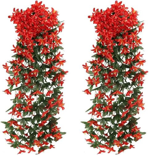 GGISUI 2pcs Kunstblumen Hängend Rot Blumengirlande Künstliche Blumen Lilie Hängend Girlande Seidenblumen Kunstpflanze Hängend für Topf Garten Balkon Draußen Hotel Hochzeit Deko Hochzeitsbogen Deko