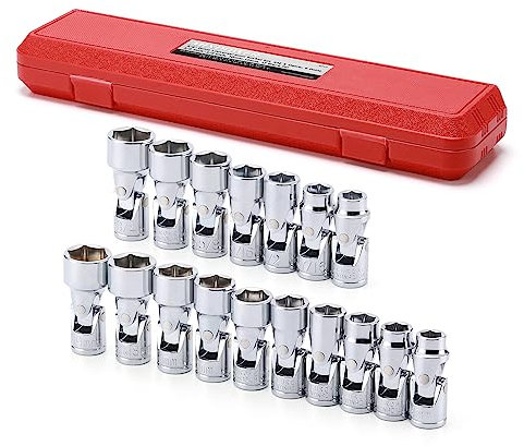 MIXPOWER 17-piece 3/8 Drive Universal Joint Socket Set, 6 Point, SAE & Metric, 10-19mm, 3/8-3/4, Swivel Socket with Flexible Wobble, CR-V Impact Grade