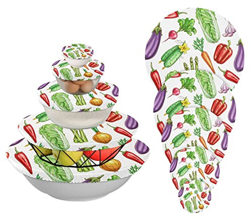 Kcldeci 5Pieces Dish Plate Wrap Bowl Covers Vegetables Carrot Asparagus Chili Bell Pepper Reusable Elastic Food Bowl Storage Covers 5 Sizes for Kitchen, Family Outdoor Picnic