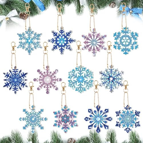 BETESSIN 12Pcs Weihnachten Diamant Painting Schlüsselanhänger Schneeflocken Diamond Painting Anhänger Doppelseitige Diamant Malerei Schlüsselbund DIY Weihnachtsdeko Geschenk Charms
