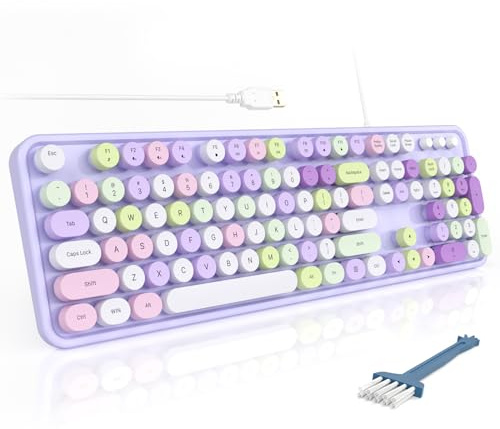 MOFII Clavier d'ordinateur coloré filaire, joli clavier de type machine à écrire, clavier USB avec supports pliables pour Windows, ordinateur portable, ordinateur de bureau, PC (violet coloré)
