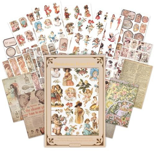 NOGAMOGA Engel Sticker und Vintage Mädchen Aufkleber Buch für Scrapbooking, 204 Junk Journaling Sticker und 5 volle Größe dünn Scrapbook Aufkleber
