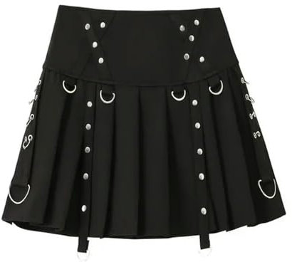 Harajuku Persönlichkeit Nieten Metallschnalle Streamer Niedrige Taille A Version Kurze Plissee Gothic Röcke-N20027-L
