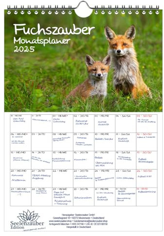 Fuchszauber Planer DIN A4 Kalender für 2025 Fuchs und Füchse - Geschenkset: 1x Kalender 1x Weihnachtsanhänger 1x Grußanhänger (gesamt 3 Teile)