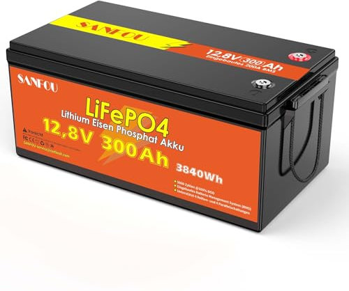 SANFOU 12,8V300Ah LiFePO4 Batterie, 3840Wh Lithium Akku mit 200A BMS, 5000-15000 Mal Deep Cycle Batterien, Unterstützung 4S4P, perfekt als Stromquelle für Wohnmobile Camping…