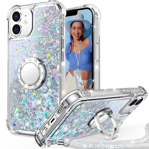 Unlicaku for iPhone 12/12 Pro Case, with Ring Women Girls Bling Holographic Sparkle Glitter Cute Cover, Diamond Ring Protective Phone Case for iPhone 12/12 Pro, Clear Silver