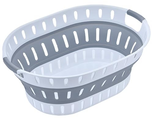 WedDecor Oval Foldable Laundry Basket 36L Collapsible Plastic Laundry Basket Pop up Bin Washing Basket Clothes Storage Multi Purpose Folding Container for Bedroom, Laundry, Grey & White