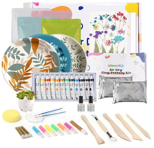 Gleamkid Air Dry Clay Kit, Töpfer-Bastelset für Anfänger, Töpfer-Ton-DIY-Sets für Erwachsene, 12 Farben/6 Fluoreszierende Farbtöne/Bildhauerwerkzeuge/Trockenblumen/Glitzerpulver/Lack/Schwamm
