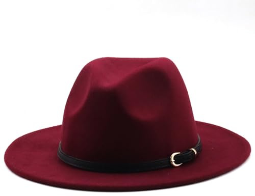 Heyann Chapeau Fedora Classique pour Femmes et Hommes avec Large Bord et Boucle de Ceinture en Feutre - Chapeau Trilby Unisexe - Chapeau Panama Jazz pour Femmes et Hommes, bordeaux, M