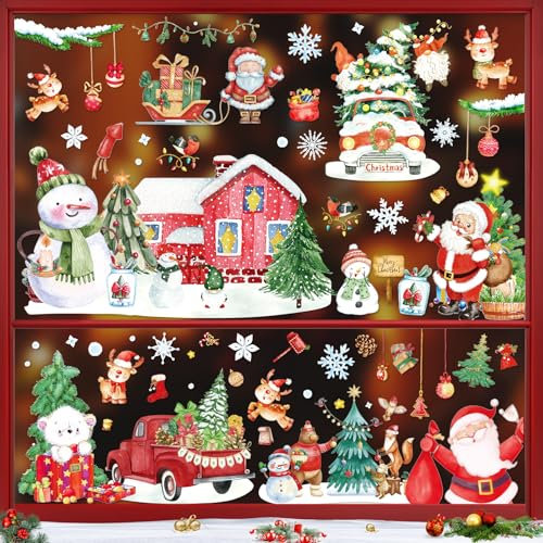 Stickers Noel Fenetre Réutilisable, Autocollant Noel Fenetre Decoration Noel Fenetre Electrostatique, PVC Flocon de Neige Père Noël Stickers Fenetre Noel pour Vitrine Porte Deco Noel Fenetre Interieur