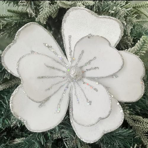 Kunjocy 4 Pcs Velvet Poinsettia Stems with Glitter Edge, Glitter Christmas Flower for Decorations Christmas Tree Artificial Flowers for Xmas Tree Decorations Artificial Christmas Flowers (White)