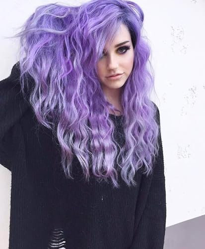 Perücke Lila Damen Lang Locken für Frauen mit Pony Natürlich Wig Kostümparty Halloween Karneval Kunsthaar Perücken VD132F