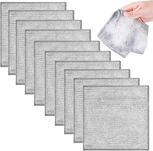 Metallic Fiber Cleaning Cloth, Multipurpose Wire Dishwashing Rag for Wet and Dry, Multifunctional Non-Scratch Wire Dishcloth for Metal Kitchen Dishes (10)