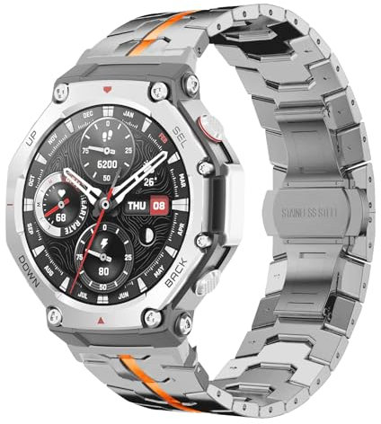 HinZann Metal Bracelet Compatible avec Amazfit T-Rex 3 Smartwatch, Métal Acier Inoxydable, Hommes Femmes Réglable Remplacement Bracelet pour Amazfit T-Rex 3 - Titane Orange