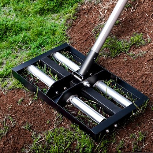 Suchtale Lawn Leveling Rake with Aluminum Rollers, 17x10 Levelawn Tool, Heavy-Duty Stainless Steel Lawn Leveler with 61 Adjustable Long Handle, Lawn Leveler for Smooth Soil,Garden,Golf Course,Farm