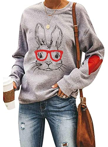 Geagodelia Oversized Graphic Sweatshirts for Women Easter Bunny Print Fleece Lined Pullover Warm Loose Fit Long Sleeve Tops