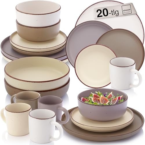 SÄNGER Bombay Erdfarben | Kombiservice 20 teilig, Steingut Geschirr 4 Personen, 4x Speiseteller 4x Dessertteller 4x Schalen 4x Pastateller 4x Kaffeebecher, Teller Set bunt | VALUE COLLECTION
