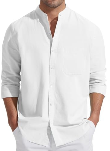 Friptspyg Hommes Chemise de Plage en Lin Coton - Casual Manches Longues à Col Arrondi, Taille Regular, Blanc XXL