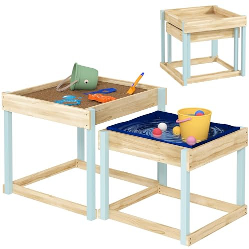 AIYAPLAY 2 PCS Wooden Sandpits, Outdoor Sand and Water Play Tables with Bottom Liner, Picnic Sensory Table for Kids Age 2+, Natural Wood Finish