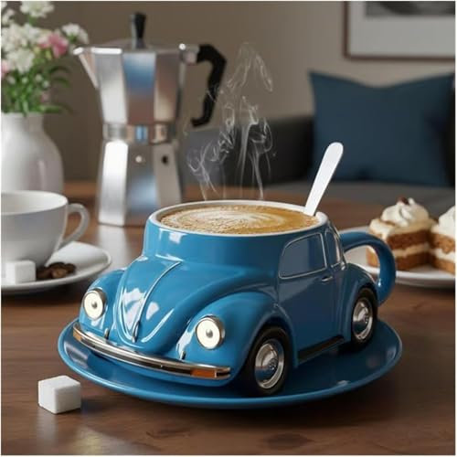 Beetle Shaped Coffee Mug, Handmade Ceramic Beetle Shaped Coffee Mugs, Mini Car geformte Kaffeebecher, Mechanische Käfer Getränkehalter, kreative Geschenke für Käferliebhaber, Auto-Fans (Blau)