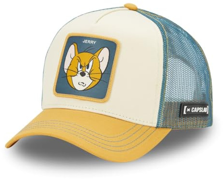 Capslab | Czapka trucker unisex Jerry TAJ6 JER | Beżowa i niebieska | Retro design z siateczką oddychającą i grafiką Looney Tunes | Dla fanów miejskiego stylu i popkultury | Wytrzymały materiał