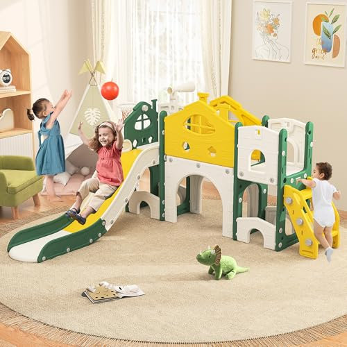 Toboggan pour Enfant 7 en 1,Toboggan Multifonction pour Enfants,avec Cadre d'escalade, Télescopes,Couloir de Jeu,Toboggan Interieur Enfant avec 1 Toboggans, Jaune + Vert
