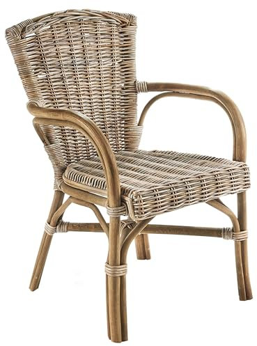 Kobolo Rattansessel York kubu Grey, 55x50x86 cm, Grauer Korbstuhl mit Armlehnen aus Naturmaterial, Rattanstuhl robust & stilvoll, ideal für Küche, Esszimmer oder Wintergarten