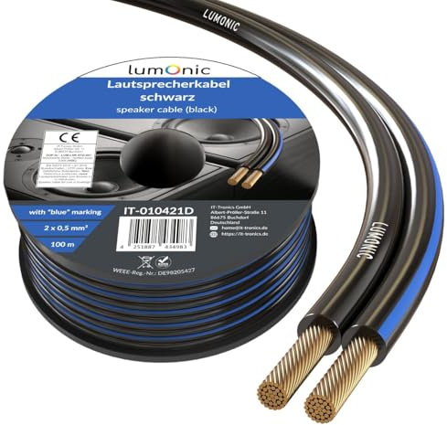 Lumonic Speaker Cable | 100 m Black | 2 x 0.5 mm² CCA | Blue Marking HiFi Speaker Cable | Audio Twin Cable