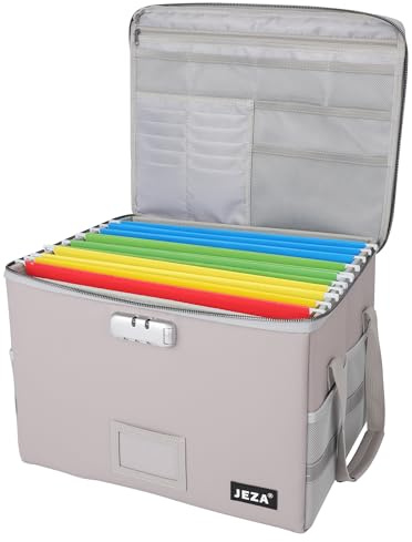 Jeza Fireproof & Waterproof Document Box with Lock, Collapsible File Organizer with Adjustable Handle for Hanging Letter & Legal Folders - 12 Free Suspended file folder Gift included
