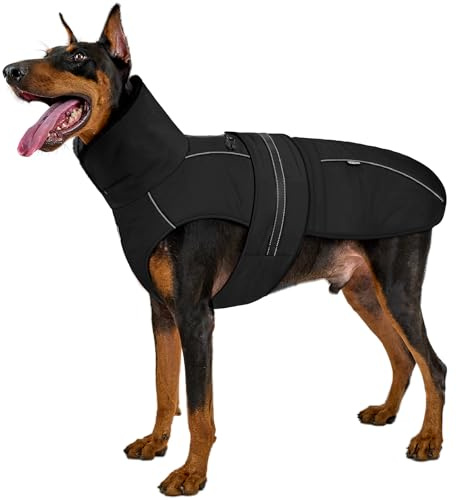 Onetigris Dog Coat Warm Winter Waterproof Jacket with Harness Built in Reflective Fleece Vest Zip-Up Cold Weather Turtleneck Windproof for Large Dogs (Black, M)