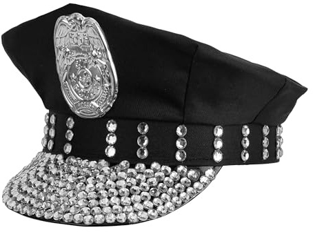 W WIDMANN MILANO Party Fashion - Polizeimütze mit Strass | Schwarze Kappe für Damen und Herren, Karneval, Mottoparty und Polizei Kostüme