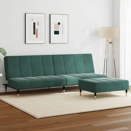 Mandloder Schlafsofa 2-Sitzer mit Fußhocker Dunkelgrün Samt, Komfortables Schlafsofa zum Ausziehen, Robustes Samt Gästebett für Wohnzimmer und kleine Räume