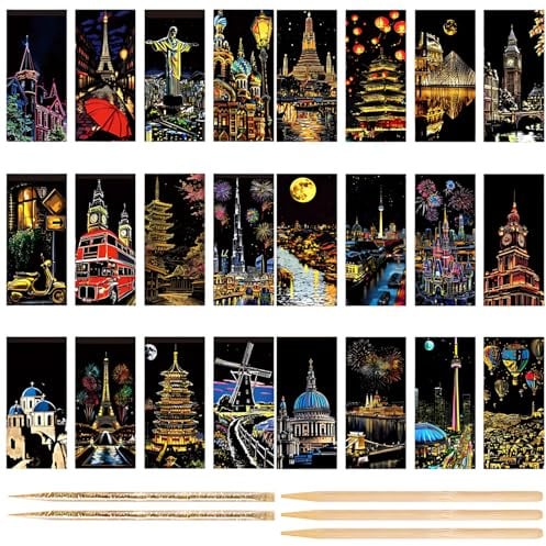 24 Stück Kratzbilder, Kratzbilder mit 24 klassischen Wahrzeichen und Stadtansichten, DIY Set für Erwachsene, inklusive Kratzstift und Schaber, elegante Verpackung