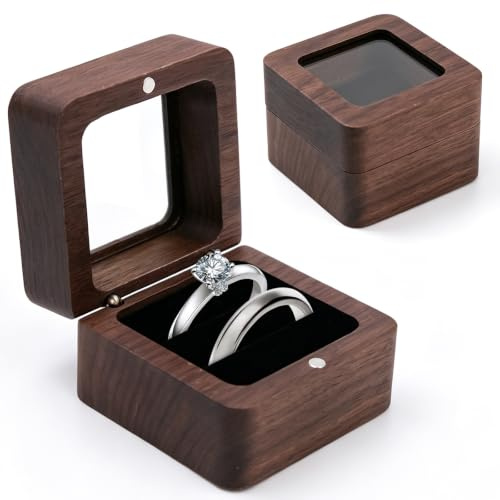 Fipfovpa Ringbox Holz, Ringbox Hochzeit für Heiratsantrag Verlobung | Vintage Massive Walnuss Ringschatulle, Quadratische Hochzeit Ringschachtel mit Transparentem Sichtfens