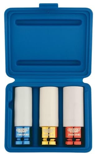 Draper HI-TORQ® 1/2 17mm to 21mm Wheel Nut Sockets | 3 Piece 6 Point Hex Socket Set | Nylon Sleeved Chrome Molybdenum Wrench Accessory | 30630