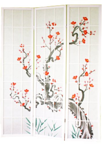 Paravent japonais fleur de cerisier en bois blanc de 3 pans, L132 x H175 x P2 cm -PEGANE-