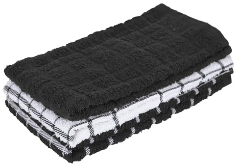 Ritz Premium 100% Cotton Terry Check Kitchen Dish Towels - Highly Absorbent, Super Soft, Long-Lasting, 25x15, 3-Pack, Black