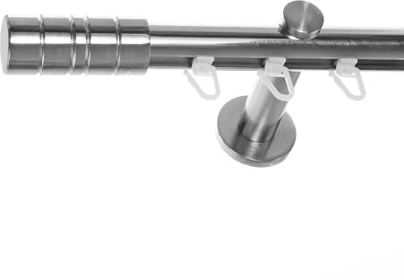 BASIT Gardinenstange Innenlauf Edelstahllook 20mm 1-läufig Wand 120cm H30 | Gardinenstangenset einläufig Wandmontage Metall Vorhangstange Wandhalterung 120-600cm wählbar Kappe Zylinder E34