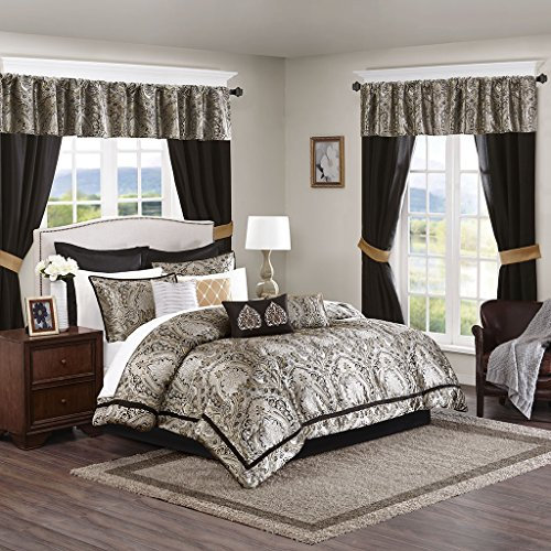 Madison Park Essentials Michelle Bettwäsche-Set, 24-teilig, Satin-Jacquard, für alle Jahreszeiten, luxuriöse Bettwäsche, Bettlaken, dekorative Kissen und Vorhänge, Volant, Schwarz (264,2 x 233,7 cm)
