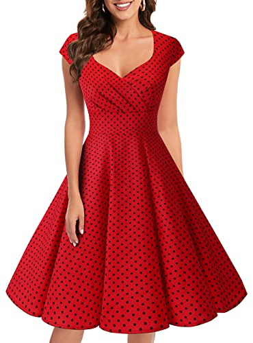 Bbonlinedress Robe Femme de Soirée Cocktail Vintage Femme Chic Courte pour Mariage Invité Gala Fête Témoin Anniversaire Col Carré Red Small Black Dot XS
