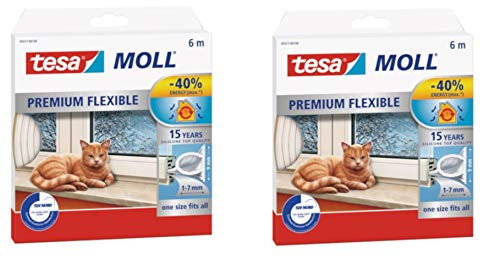 tesamoll premium flexibles Dichtungsband/Für Tür- und Fensterspalten/Gegen kalte Zugluft, Lärm und Staub/Selbstklebend, wasserundurchlässig/Für Spaltenbreiten von 1-7mm Weiß (2 Packungen)