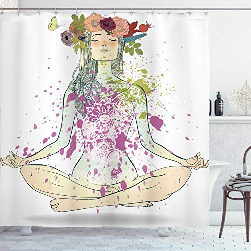 ABAKUHAUS Yoga Duschvorhang, Mädchen mit Blumenkranz Lotus, Stoffliches Gewebe Badezimmerdekorationsset mit Haken, 175 x 200 cm, Lila Mehrfarbig