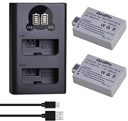 DuraPro 2Pcs LP-E5 Battery Batterie + LED USB Dual Charger with Type C Port for Canon LP-E5 and Canon EOS Rebel XS, Rebel T1i, Rebel XSi, 1000D, 500D, 450D, Kiss X3, Kiss X2, Kiss F Cameras